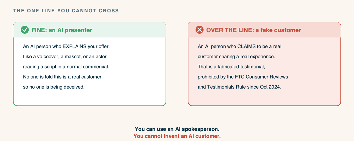 A simple two-panel honesty diagram. The left panel, in green, headed FINE: an AI presenter who explains your offer, like a voiceover, a mascot, or an actor reading a script, because no one is told this is a real customer. The right panel, in red, headed OVER THE LINE: an AI person who claims to be a real customer sharing a real experience, which is a fabricated testimonial, prohibited by the FTC Consumer Reviews and Testimonials Rule since October 2024. A caption reads: you can use an AI spokesperson. You cannot invent an AI customer.