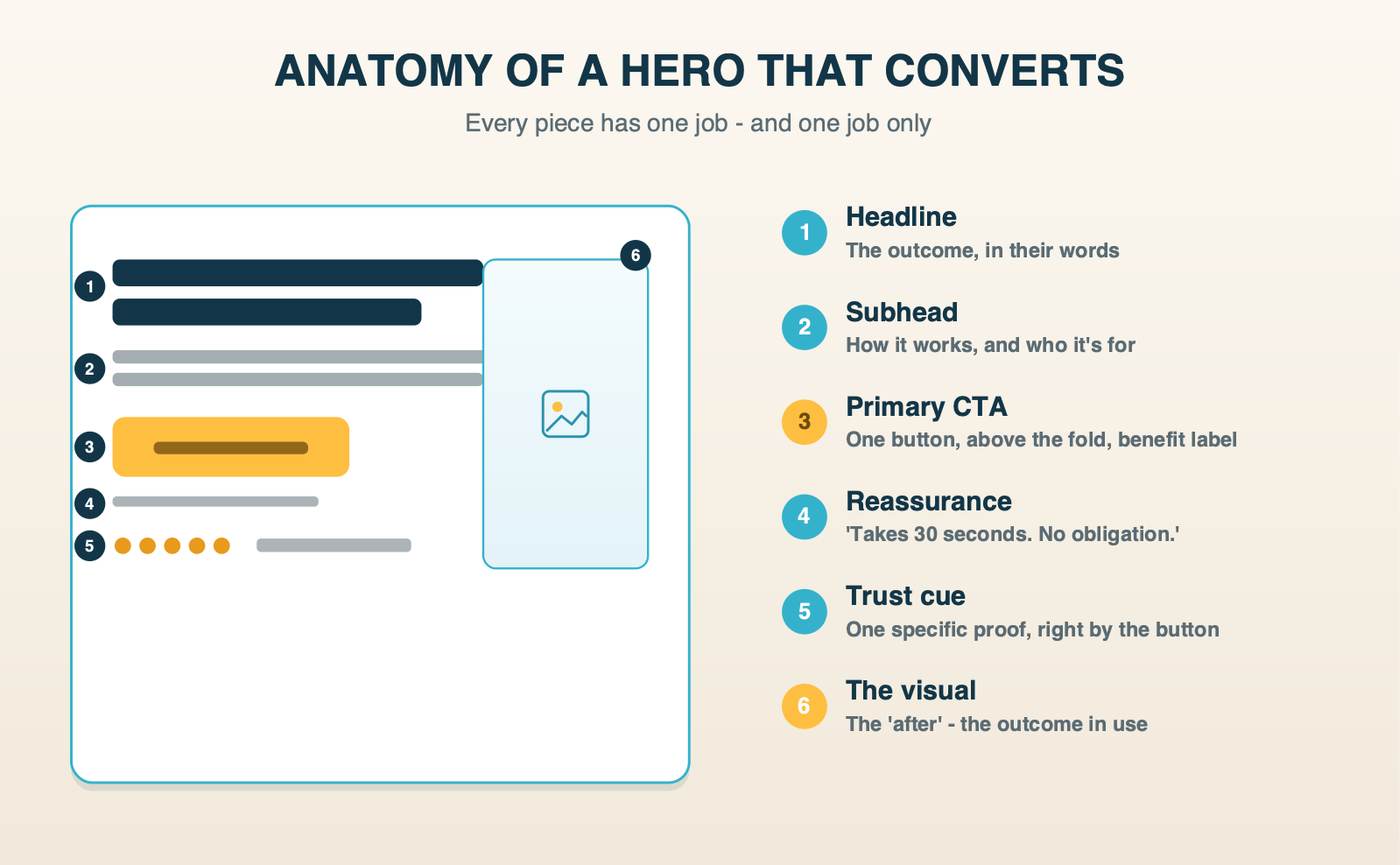 Anatomy of a landing page hero that converts - headline, subhead, primary CTA, reassurance microcopy, trust cue, and the visual, each with one job.