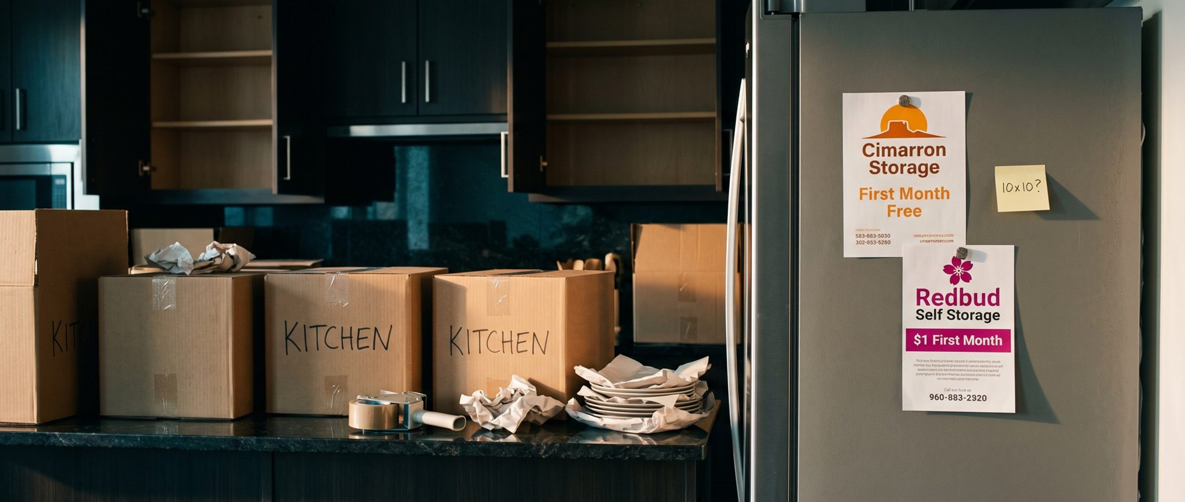 A kitchen in the middle of a move, with moving boxes marked Kitchen on the counter, and on the side of the refrigerator two storage flyers held by magnets, Cimarron Storage First Month Free and Redbud Self Storage $1 First Month, beside a sticky note reading 10x10?