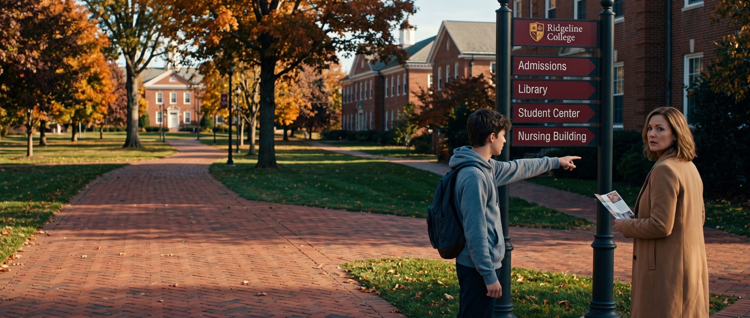 A mother and her teenage son stand at a Ridgeline College signpost on a brick campus walkway, the son pointing toward the arrow for the Nursing Building while she looks back the other way