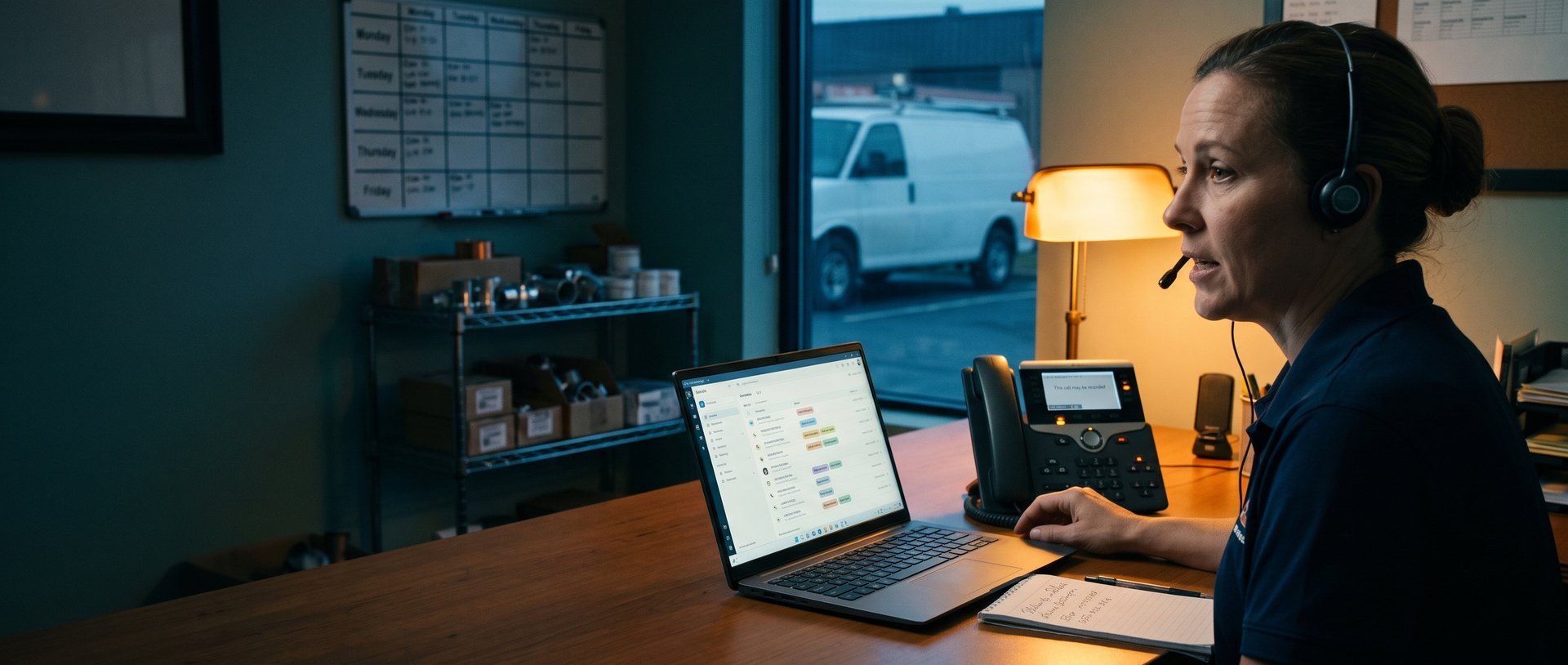 A dispatcher in a headset takes a call at a plumbing company front desk, a desk phone showing a call recording notice and a laptop listing recent calls with colored tags beside her