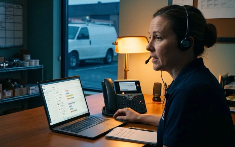 A dispatcher in a headset takes a call at a plumbing company front desk, a desk phone showing a call recording notice and a laptop listing recent calls with colored tags beside her