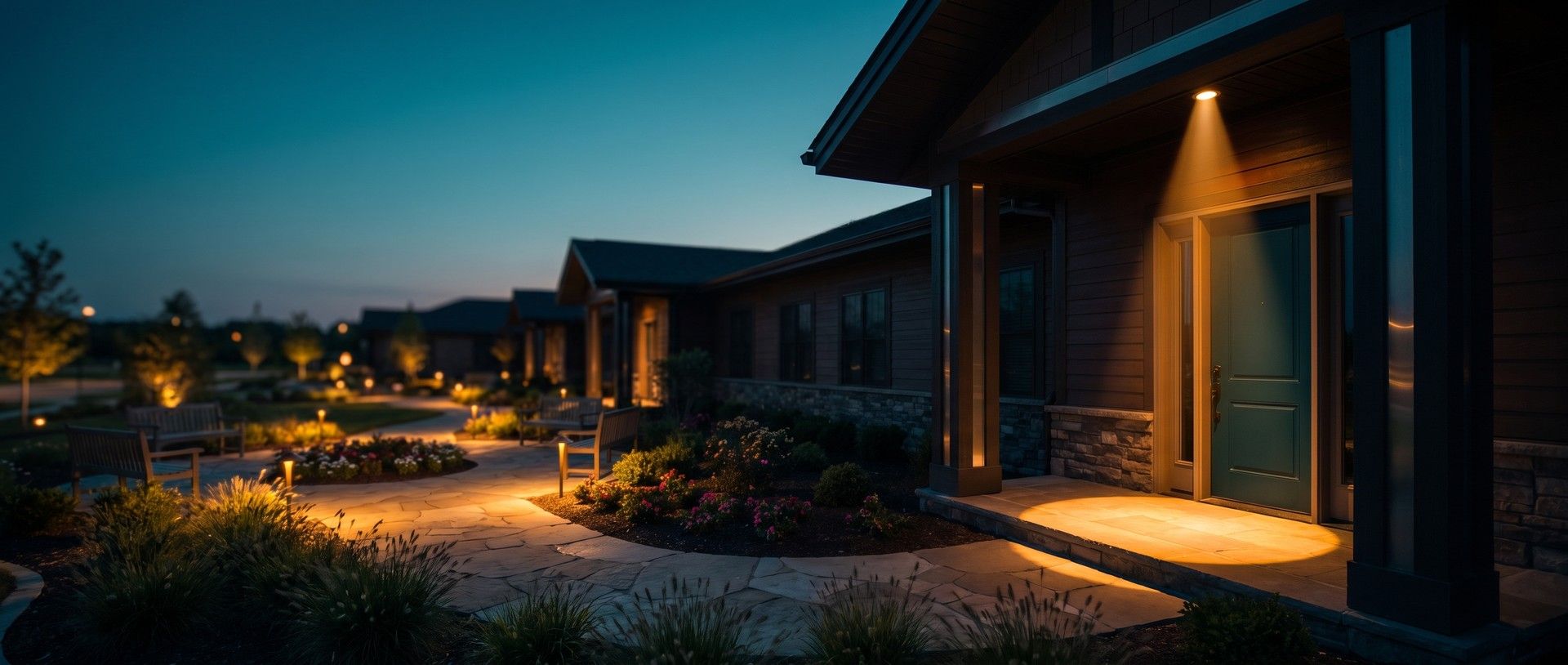 A senior living community's front entrance at dusk, one narrow spotlight beam falling on the teal front door while low path lights glow softly across the gardens, benches and walkways