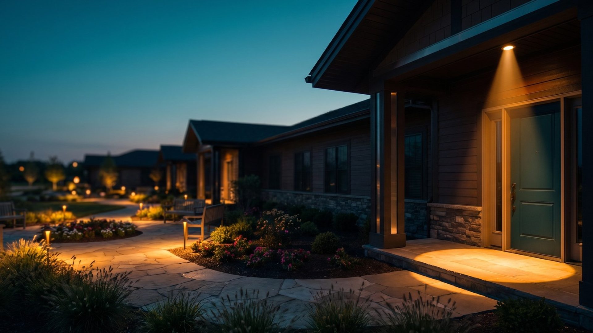 A senior living community's front entrance at dusk, one narrow spotlight beam falling on the teal front door while low path lights glow softly across the gardens, benches and walkways