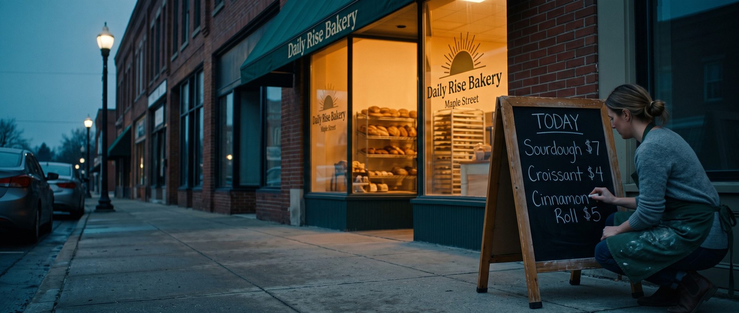 A bakery owner in a green apron crouches at a sidewalk chalkboard at dawn, writing the day's prices outside a lit Daily Rise Bakery window full of bread