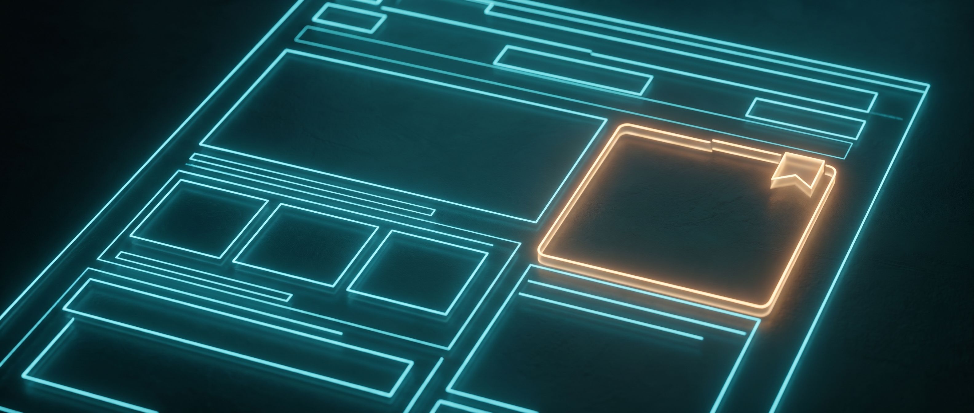 A cool-blue wireframe of a web page with one section outlined and flagged in amber - a CRO audit finds exactly where a page is losing you conversions.