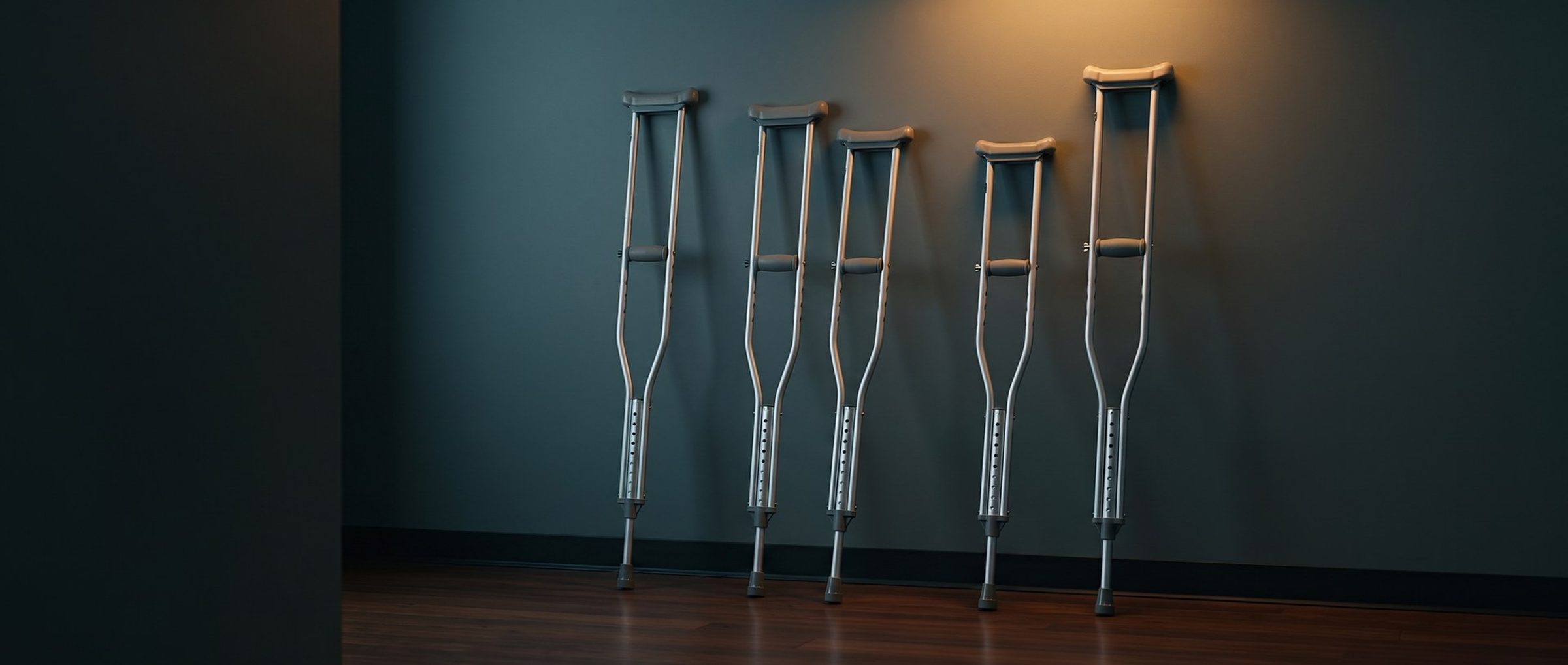 Five identical aluminum crutches leaning against a teal-gray clinic wall, each adjusted to a different height, the tallest on the right lit by warm amber light