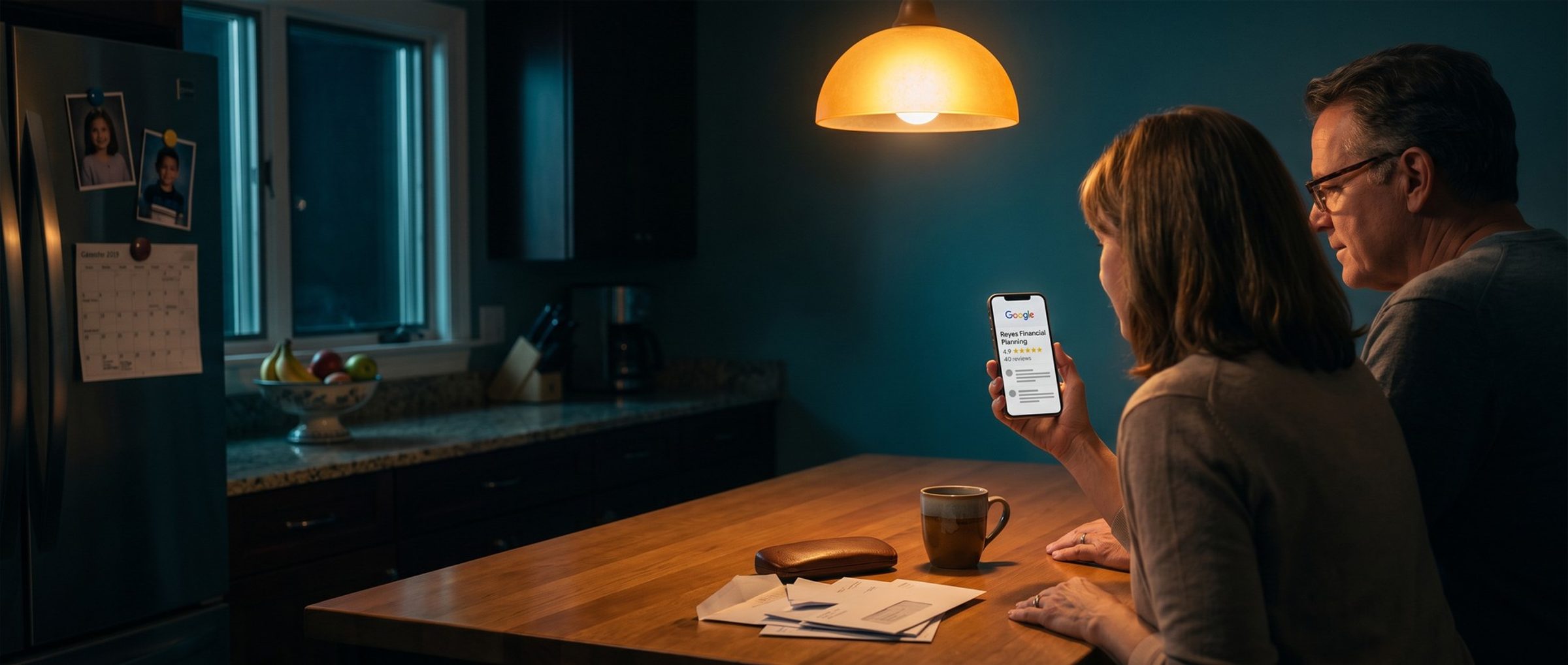 Late at night at their kitchen table, a couple in their fifties lean in together over her phone, reading a financial planning firm's Google listing with a 4.9-star rating and 40 reviews
