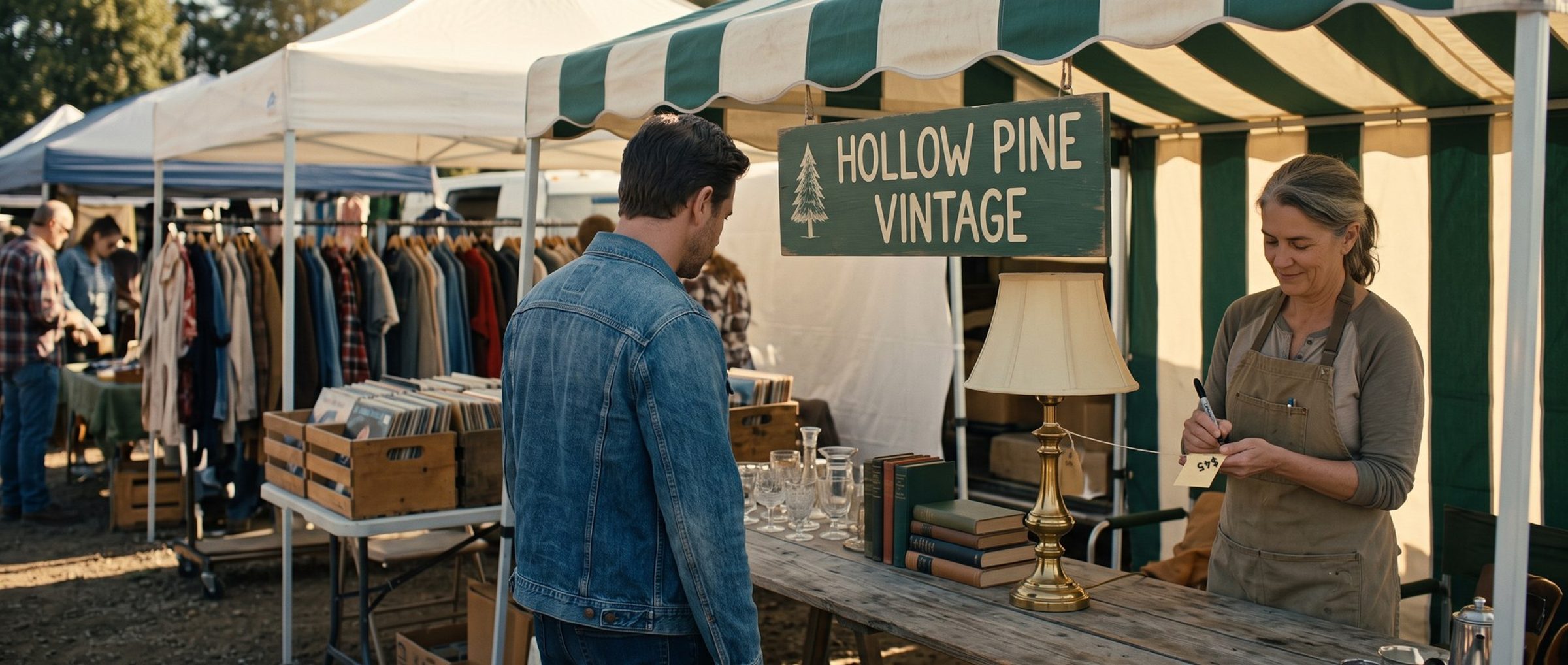 A seller at her Hollow Pine Vintage flea market booth writes a price by hand on a tag tied to a brass lamp while a shopper looks on