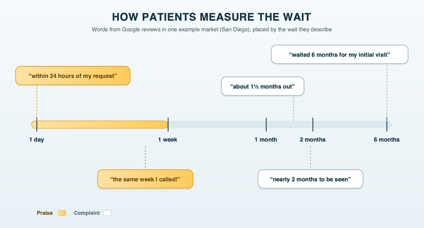 How patients measure the wait: a ruler running from within 24 hours to 6 months, with words from real Google reviews in one example market placed along it, from an appointment the same week to a six-month wait for a first visit