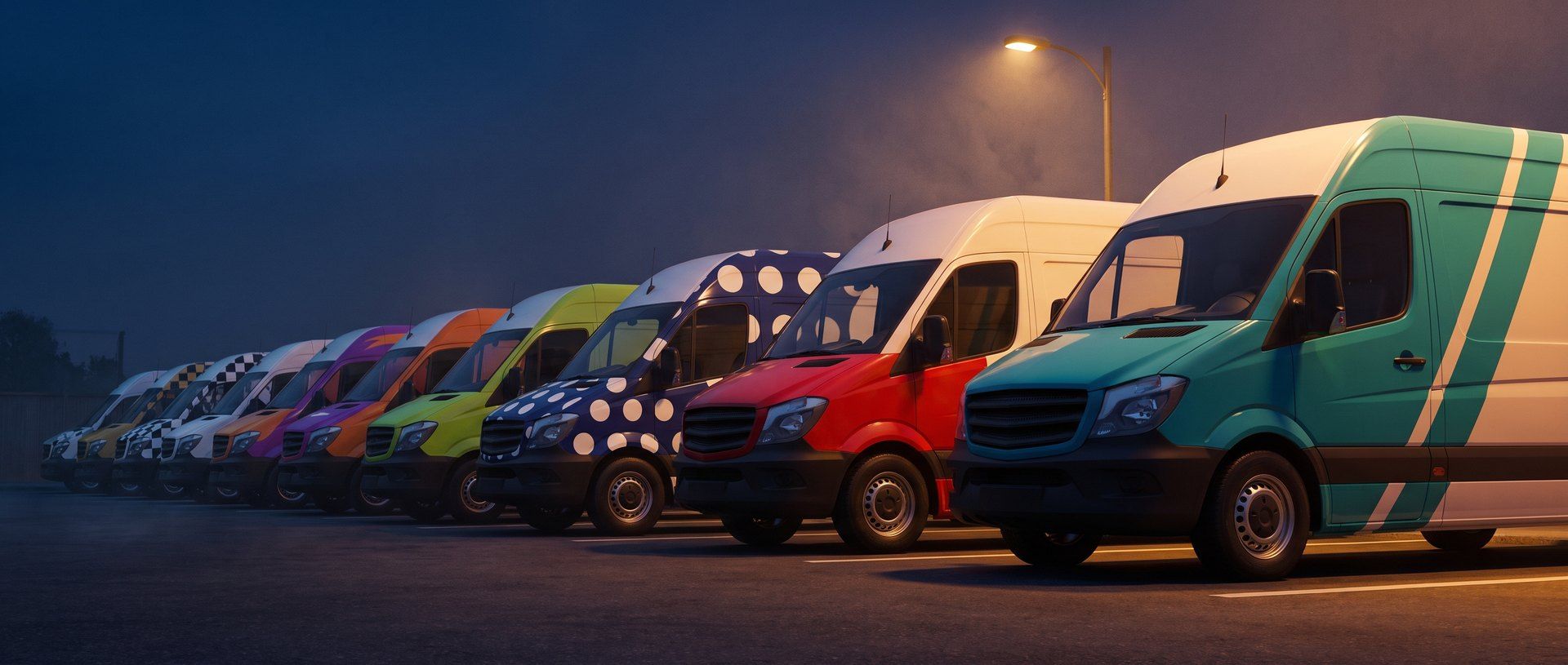 A row of identical delivery vans parked at one depot at dusk, every van painted in a completely different livery, the nearest one teal with white stripes
