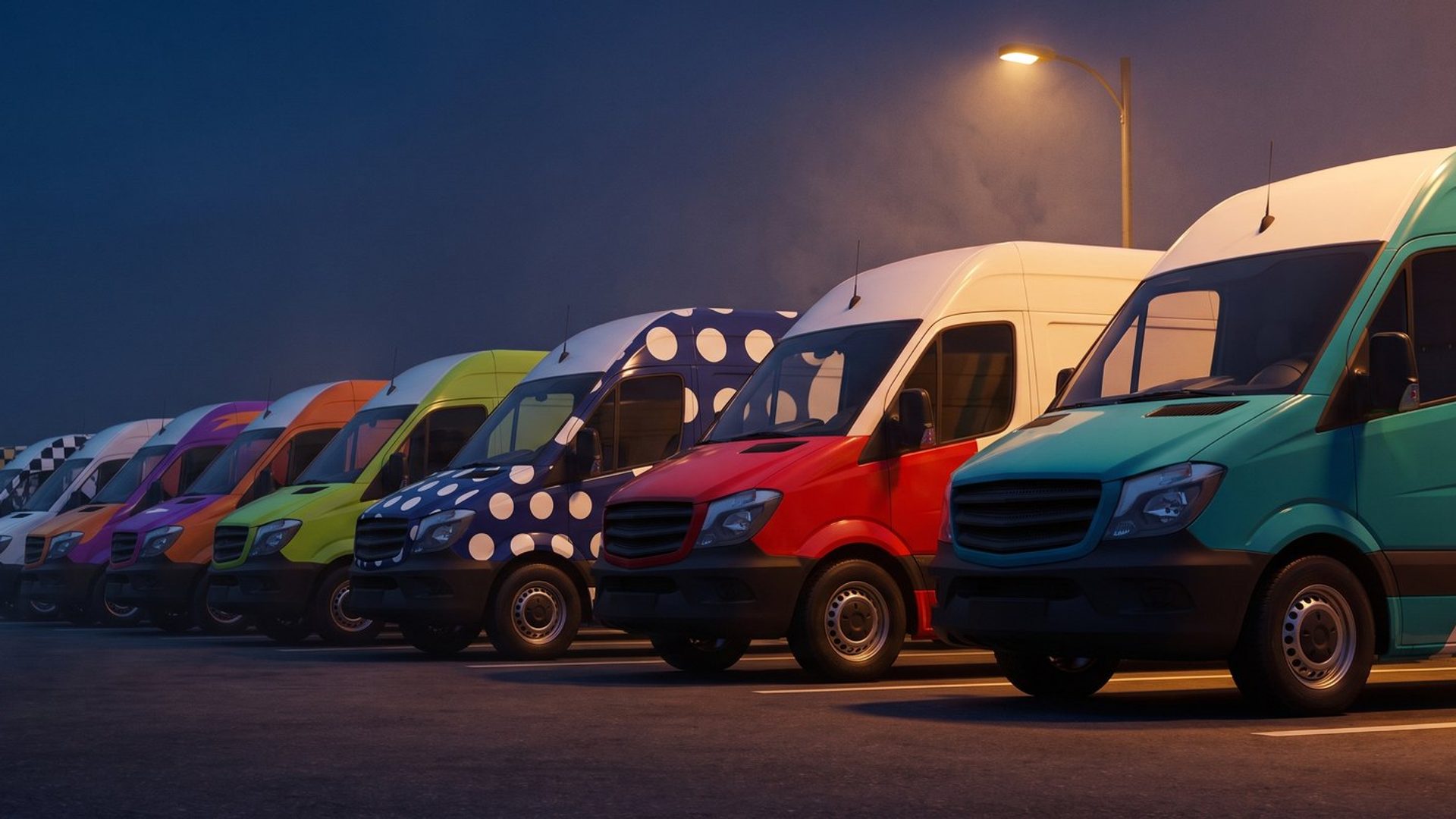 A row of identical delivery vans parked at one depot at dusk, every van painted in a completely different livery, the nearest one teal with white stripes