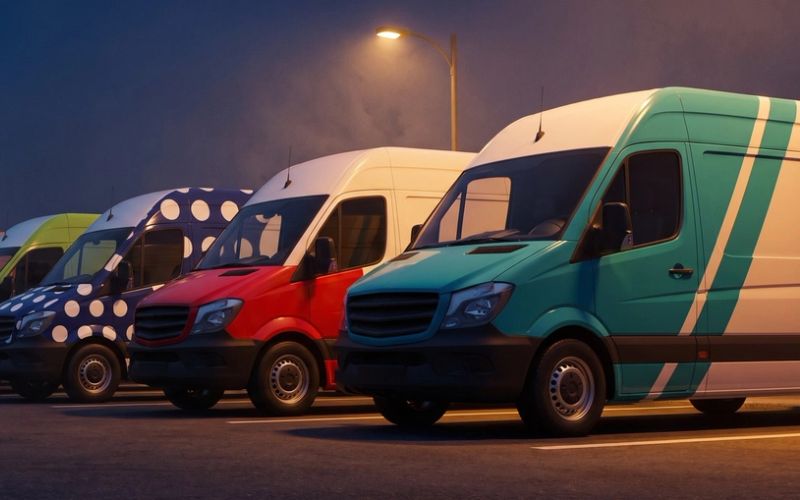 A row of identical delivery vans parked at one depot at dusk, every van painted in a completely different livery, the nearest one teal with white stripes