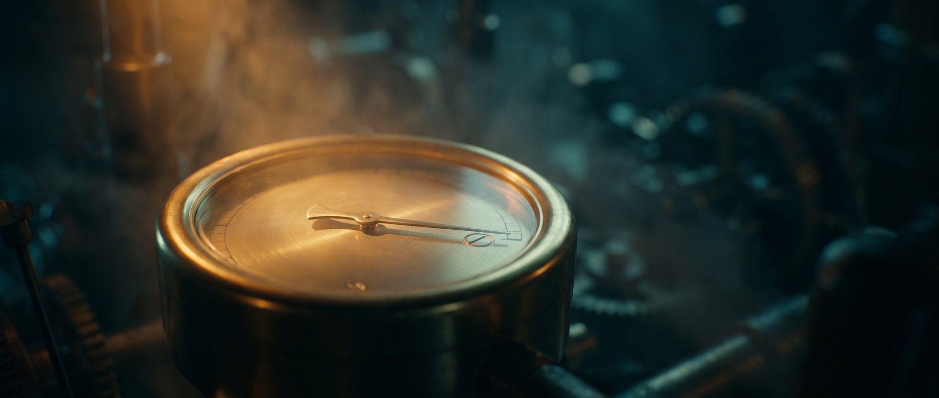 A brass gauge in a dark workshop with its needle settling onto a single value on the dial