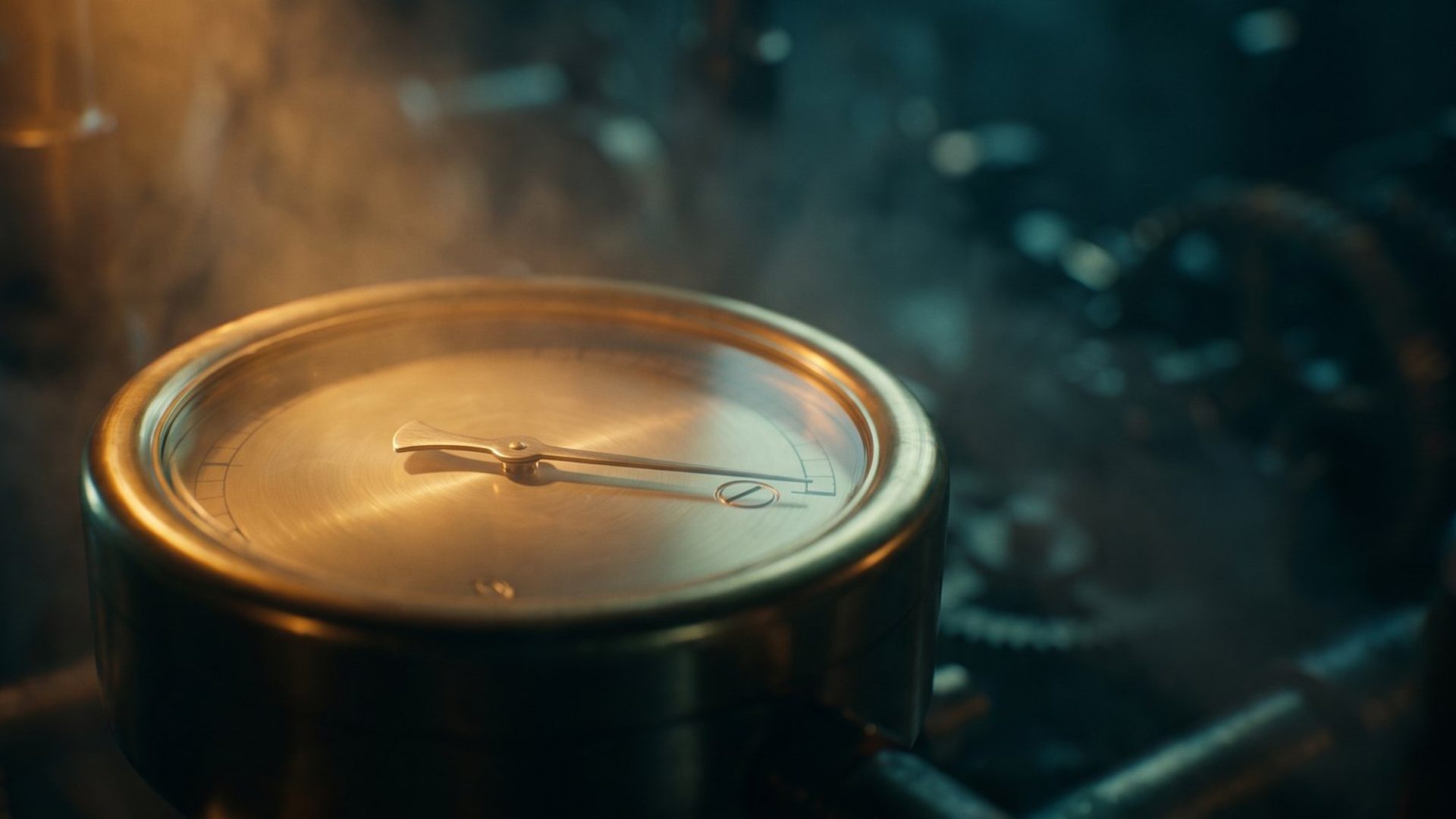 A brass gauge in a dark workshop with its needle settling onto a single value on the dial