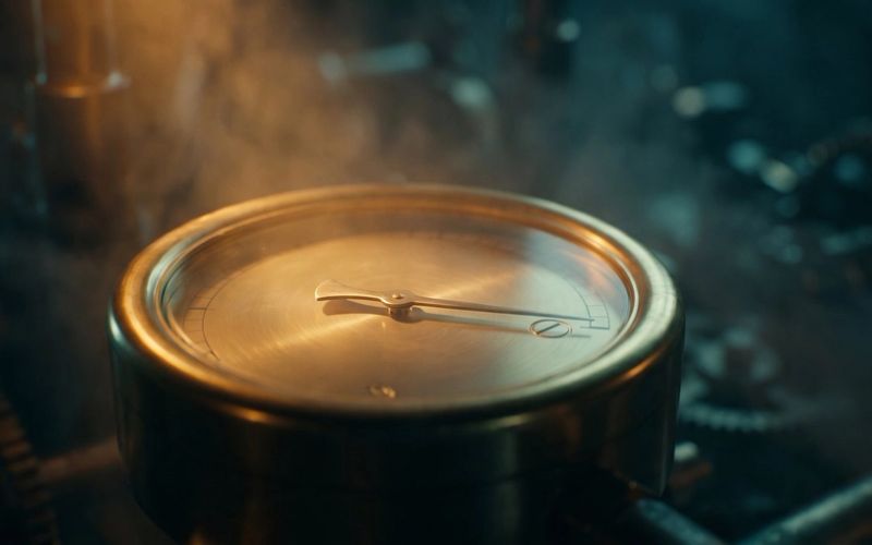 A brass gauge in a dark workshop with its needle settling onto a single value on the dial