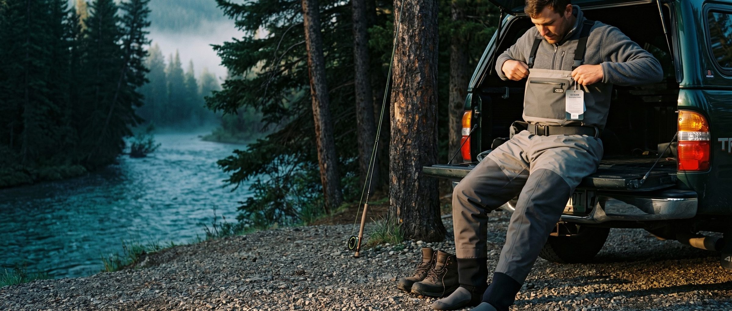 At dawn beside a misty river, an angler sits on a pickup tailgate pulling on brand-new gray chest waders, the model's hang tag still clipped to the front
