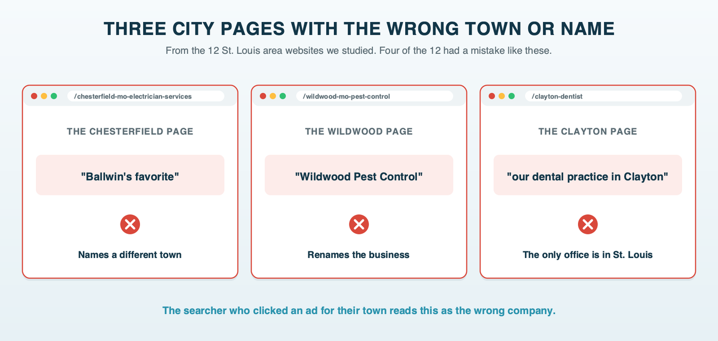Three city page mistakes from the 12 sites we studied, drawn as browser windows: a Chesterfield page that calls the company another town's favorite, a page with the business name changed to the town's name, and a dental page placing the office in a town where it has no office