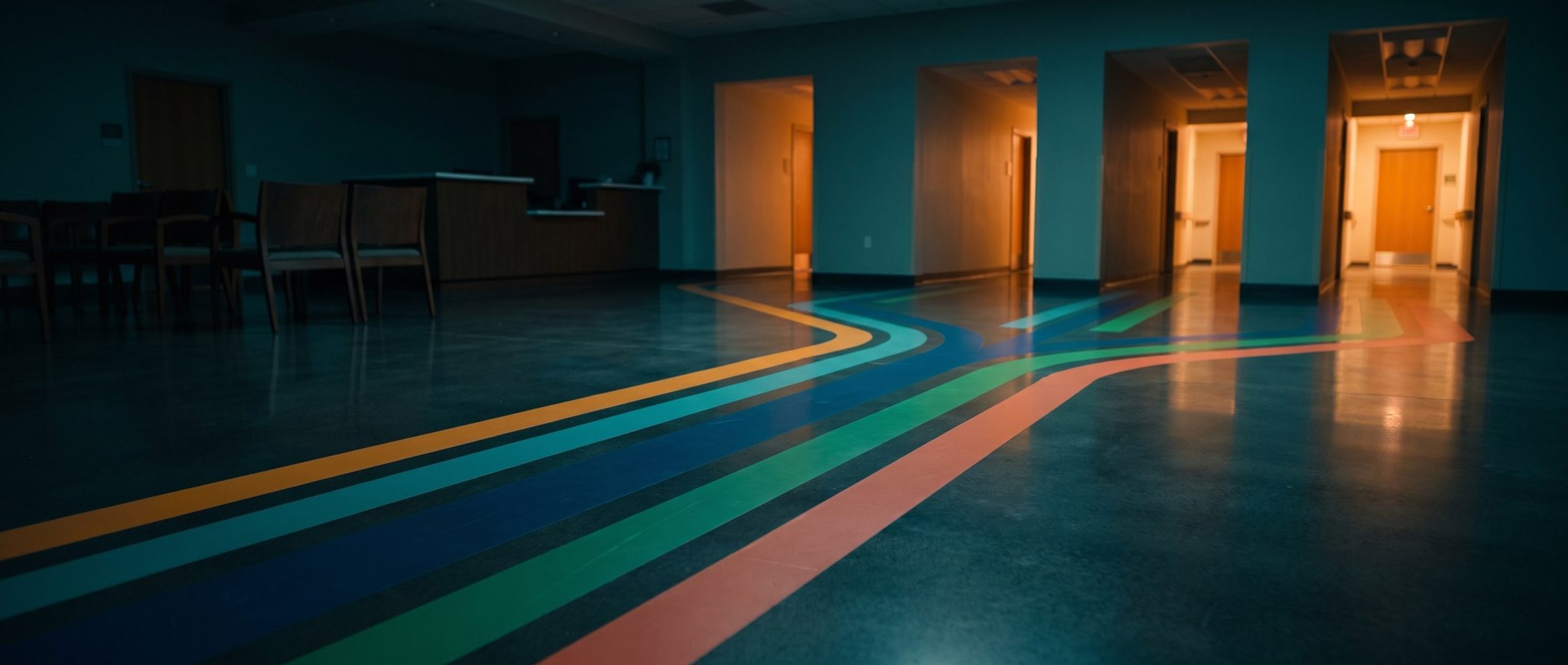 Five painted guide stripes in amber, teal, blue, green and coral sweeping across a dim clinic lobby floor toward a row of lit corridors