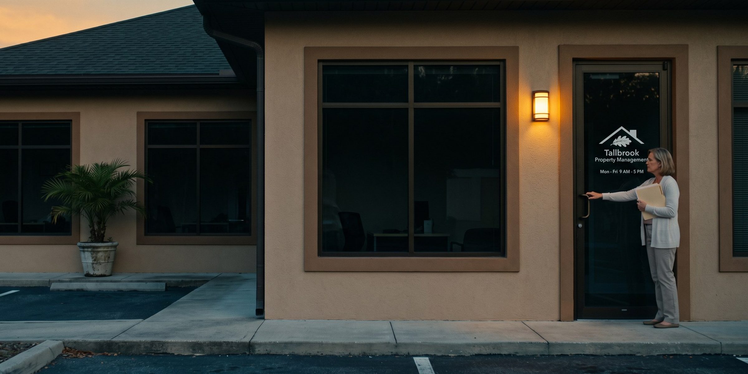 At dusk, a woman holding a folder pulls on the locked glass door of a dark Tallbrook Property Management office, the logo and Mon to Fri 9 AM to 5 PM hours in white vinyl on the glass