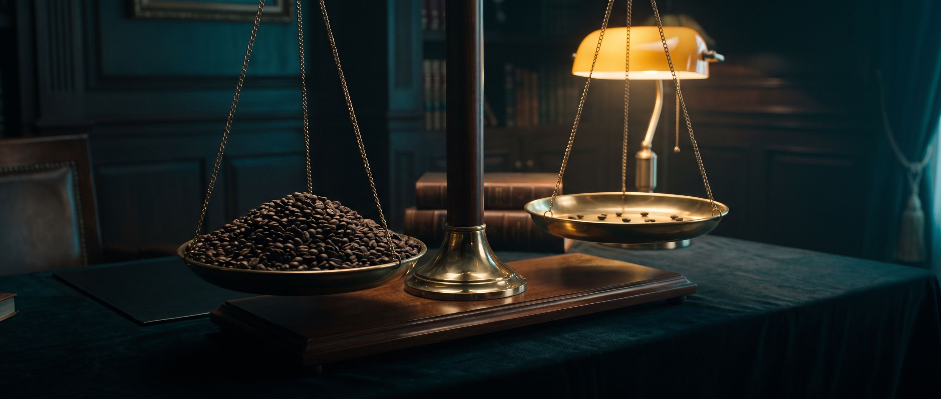 A brass balance scale under a warm lamp, one pan heavily loaded and the other empty