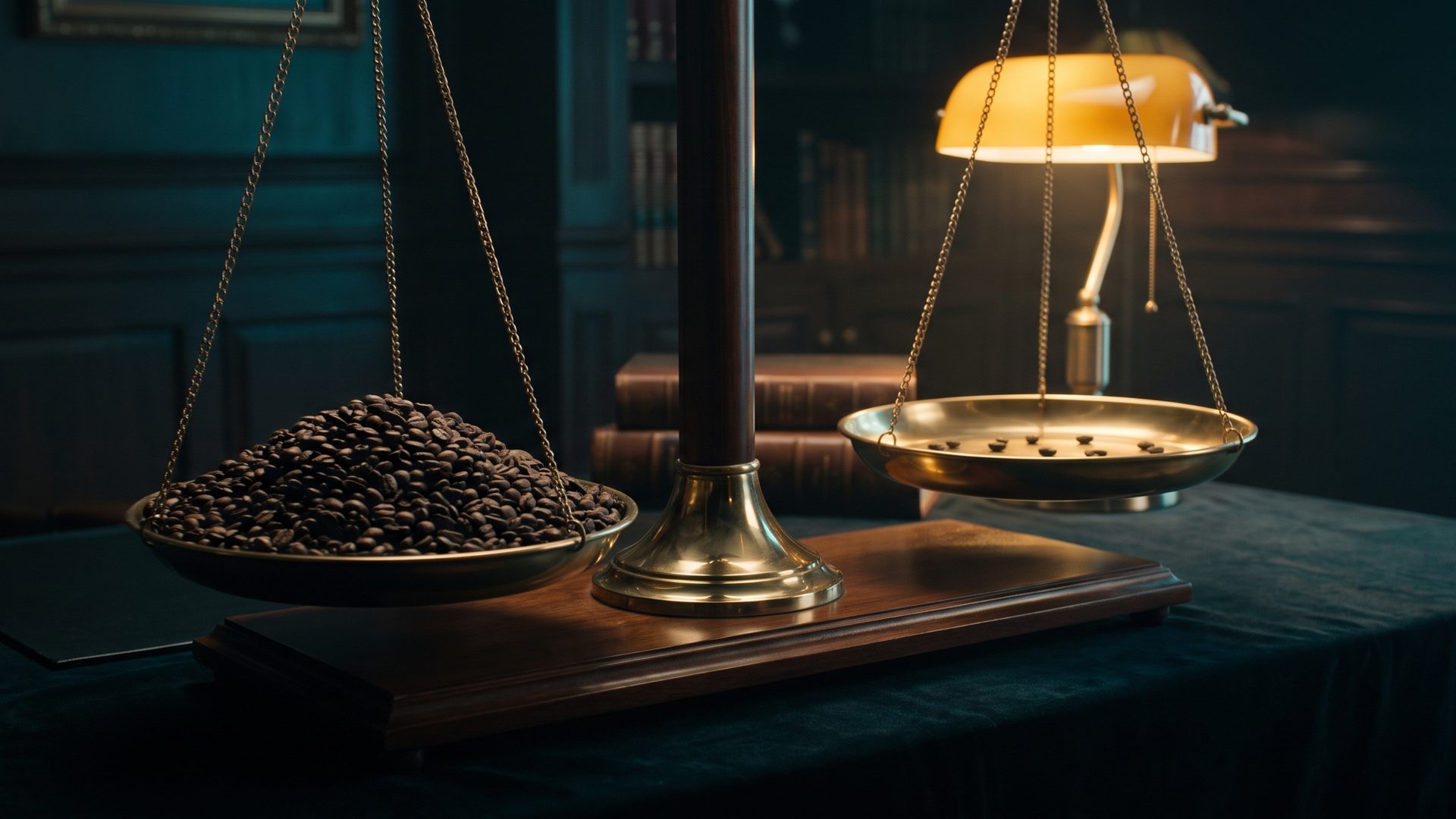 A brass balance scale under a warm lamp, one pan heavily loaded and the other empty
