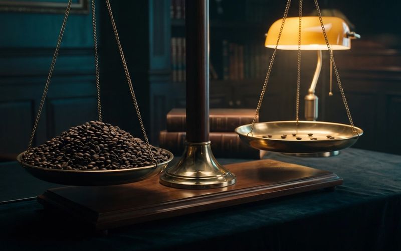 A brass balance scale under a warm lamp, one pan heavily loaded and the other empty