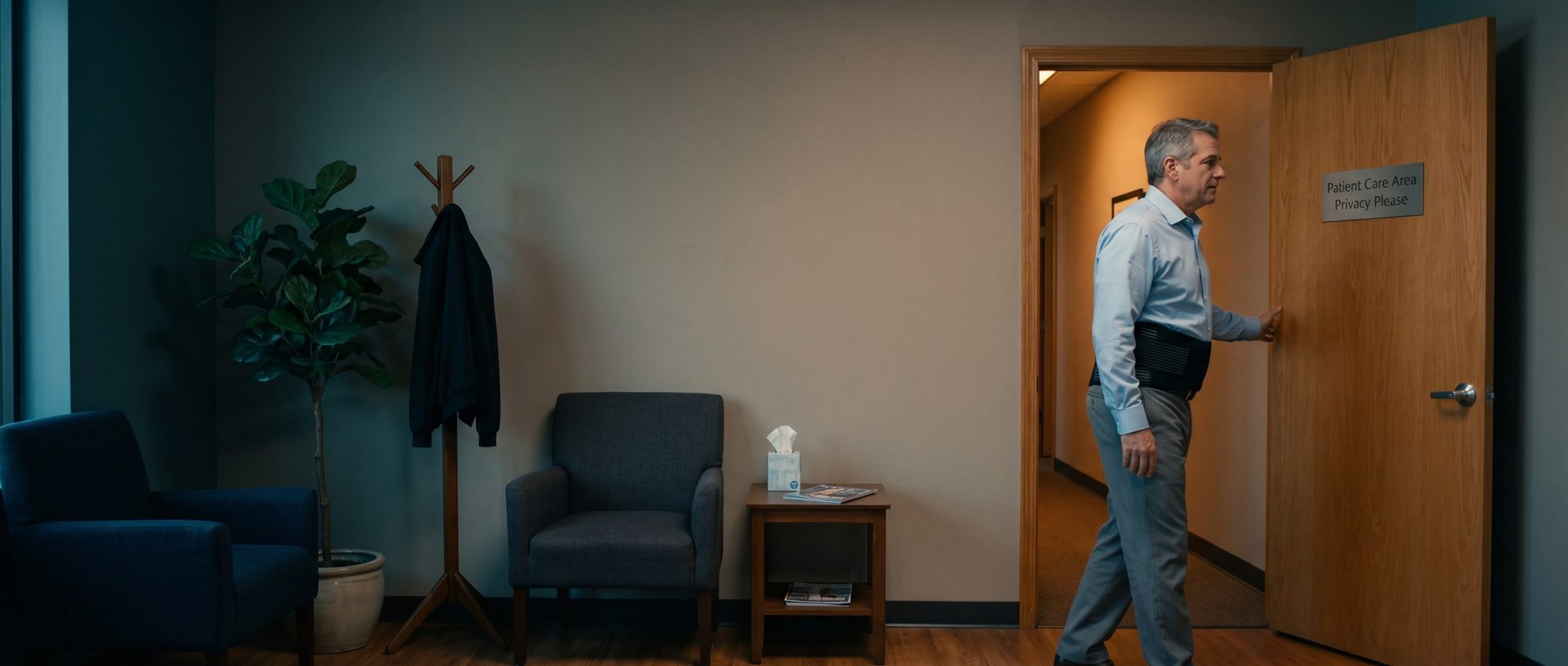 In a chiropractic office lobby, a man wearing a black lumbar support belt steps through a door marked Patient Care Area, Privacy Please