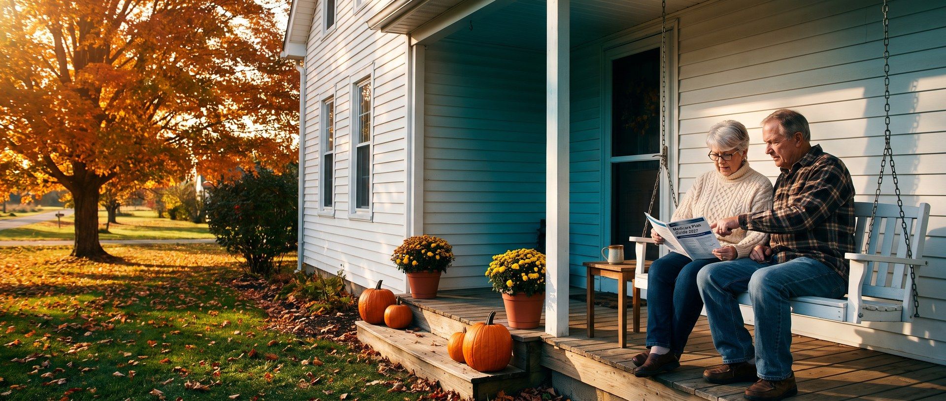 On a sunny October afternoon, a retired couple sits on a white porch swing reading a Medicare Plan Guide 2027 booklet, the husband pointing at a line, with pumpkins and yellow chrysanthemums on the steps and an orange maple over a leaf-covered lawn