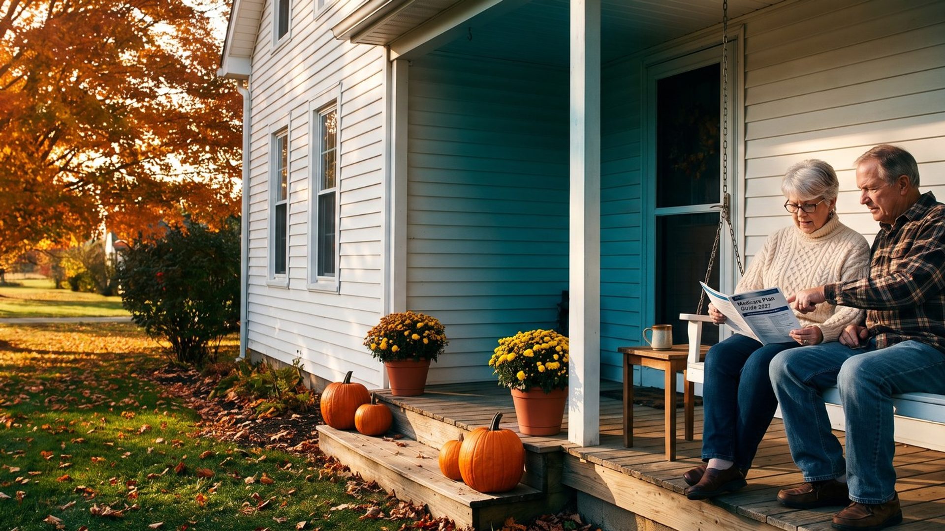 On a sunny October afternoon, a retired couple sits on a white porch swing reading a Medicare Plan Guide 2027 booklet, the husband pointing at a line, with pumpkins and yellow chrysanthemums on the steps and an orange maple over a leaf-covered lawn