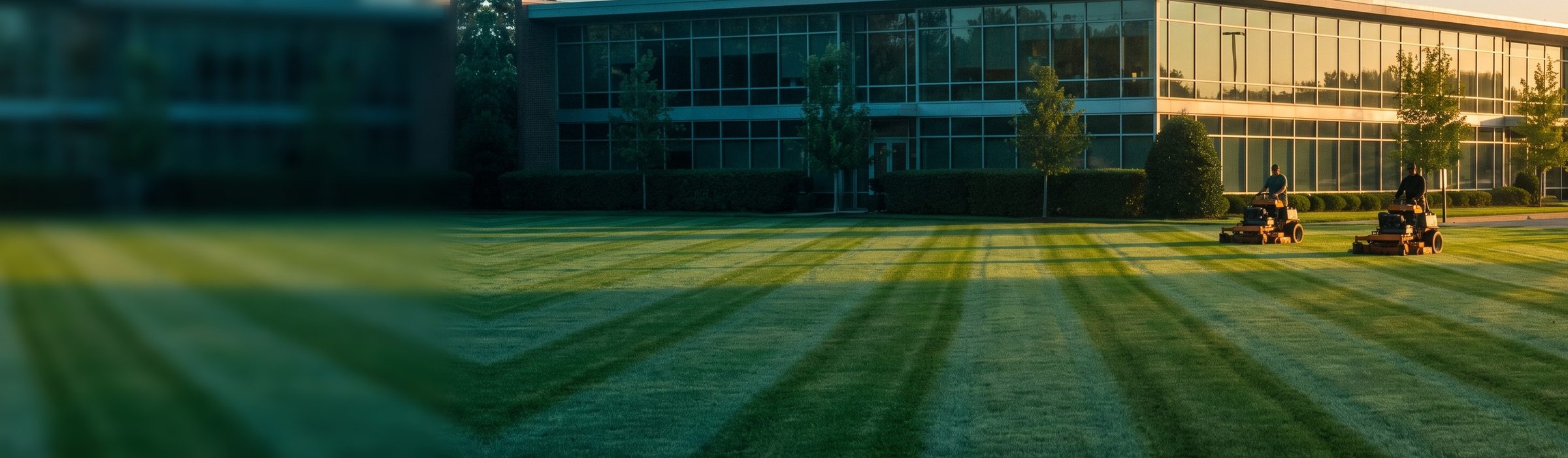 Two riding mowers cutting stripes across a wide corporate lawn at dawn in front of a long two-story glass office building catching the sunrise