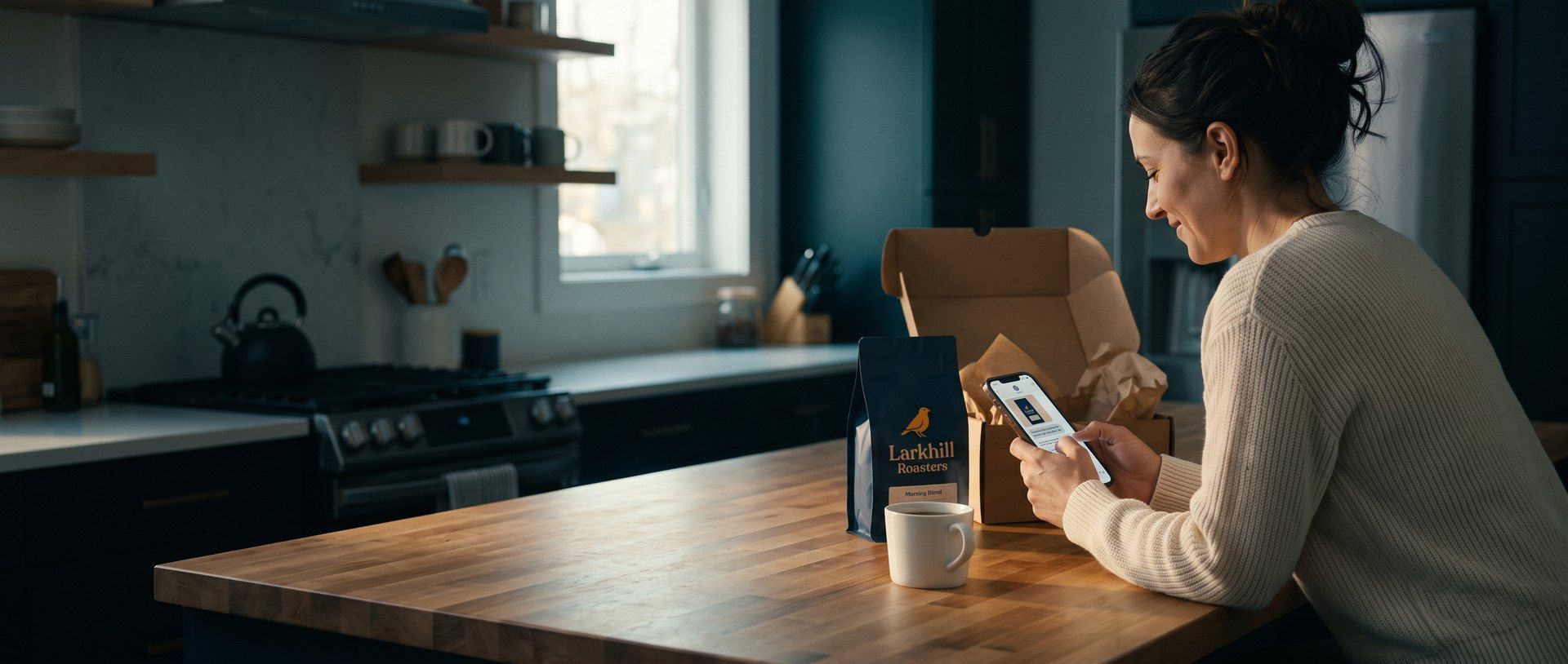 A smiling woman at a butcher-block kitchen counter types on her phone beside an opened shipping box, a navy Larkhill Roasters coffee bag and a mug of coffee