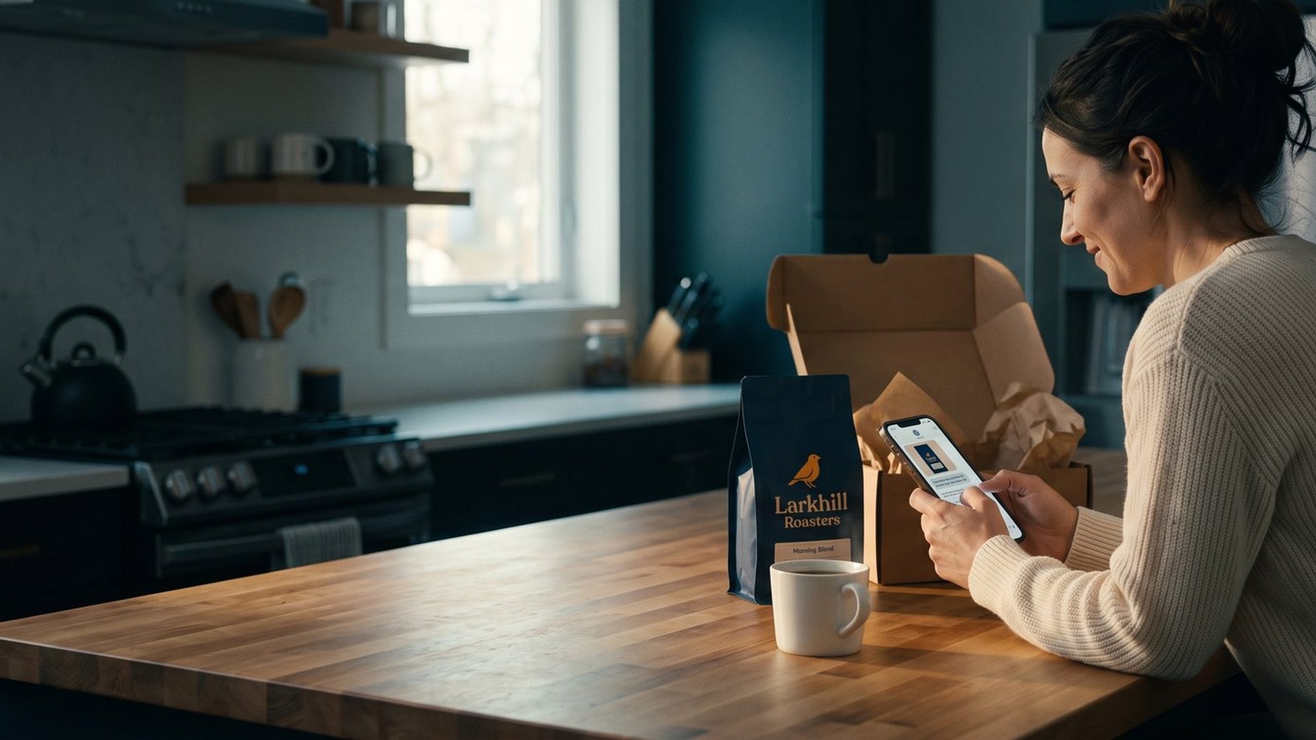 A smiling woman at a butcher-block kitchen counter types on her phone beside an opened shipping box, a navy Larkhill Roasters coffee bag and a mug of coffee