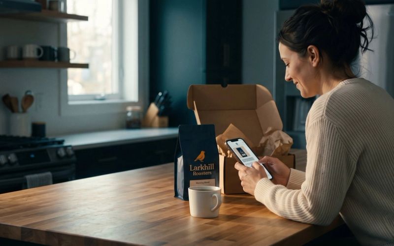 A smiling woman at a butcher-block kitchen counter types on her phone beside an opened shipping box, a navy Larkhill Roasters coffee bag and a mug of coffee