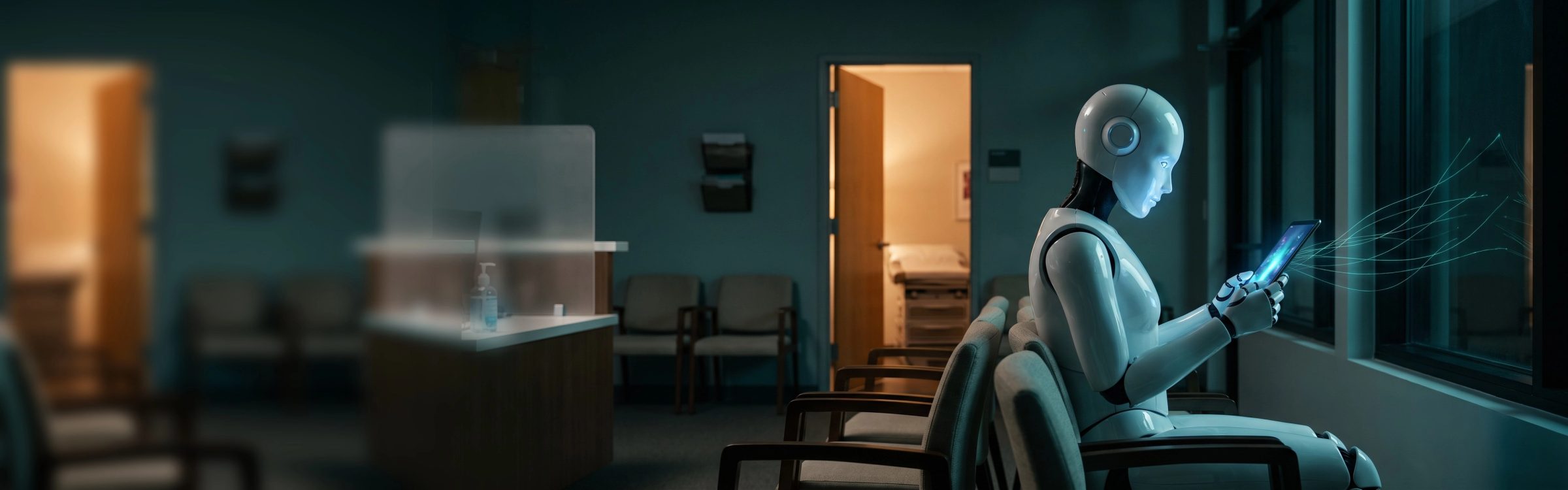 A white humanoid AI robot sits alone in a dim clinic waiting room after hours, studying a glowing tablet as threads of light stream from it toward the front window, with an exam room door ajar behind it