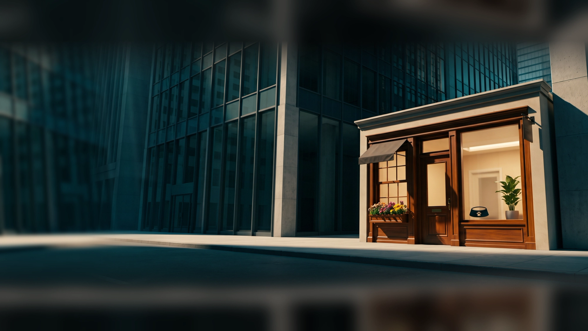 A small wood-front veterinary clinic with a flower box and a paw-print bowl in the window, squeezed between two towering glass office buildings on a sunlit street