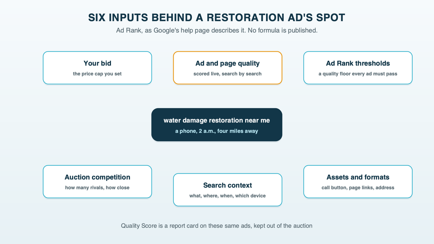 The six things Google weighs before a restoration ad shows, arranged around one late-night search for water damage restoration near me: the bid, ad and landing page quality, Ad Rank thresholds, auction competitiveness, the context of the search, and the expected impact of assets