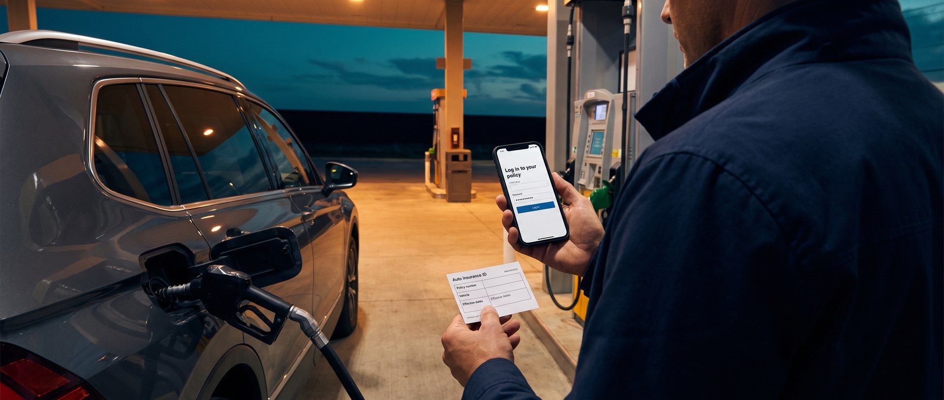 At a gas pump at dusk, seen over his shoulder, a driver holds a phone showing an insurance app screen reading Log in to your policy and an auto insurance ID card, his SUV fueling beside him