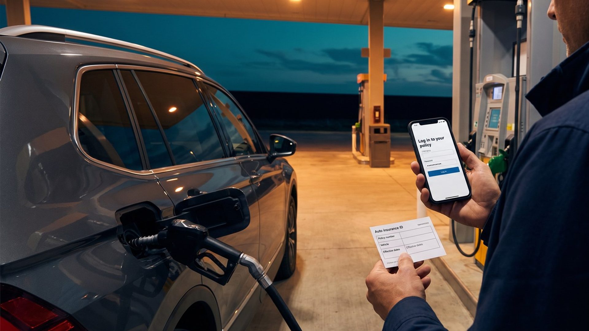 At a gas pump at dusk, seen over his shoulder, a driver holds a phone showing an insurance app screen reading Log in to your policy and an auto insurance ID card, his SUV fueling beside him