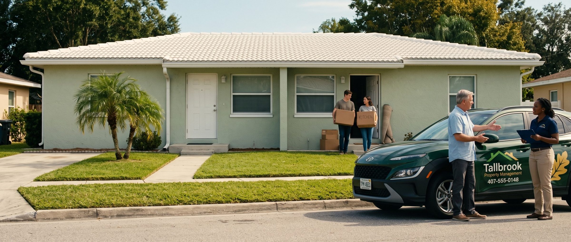 A young couple carries moving boxes into a sage-green Florida duplex while the owner talks with a Tallbrook Property Management manager beside her branded green SUV at the curb
