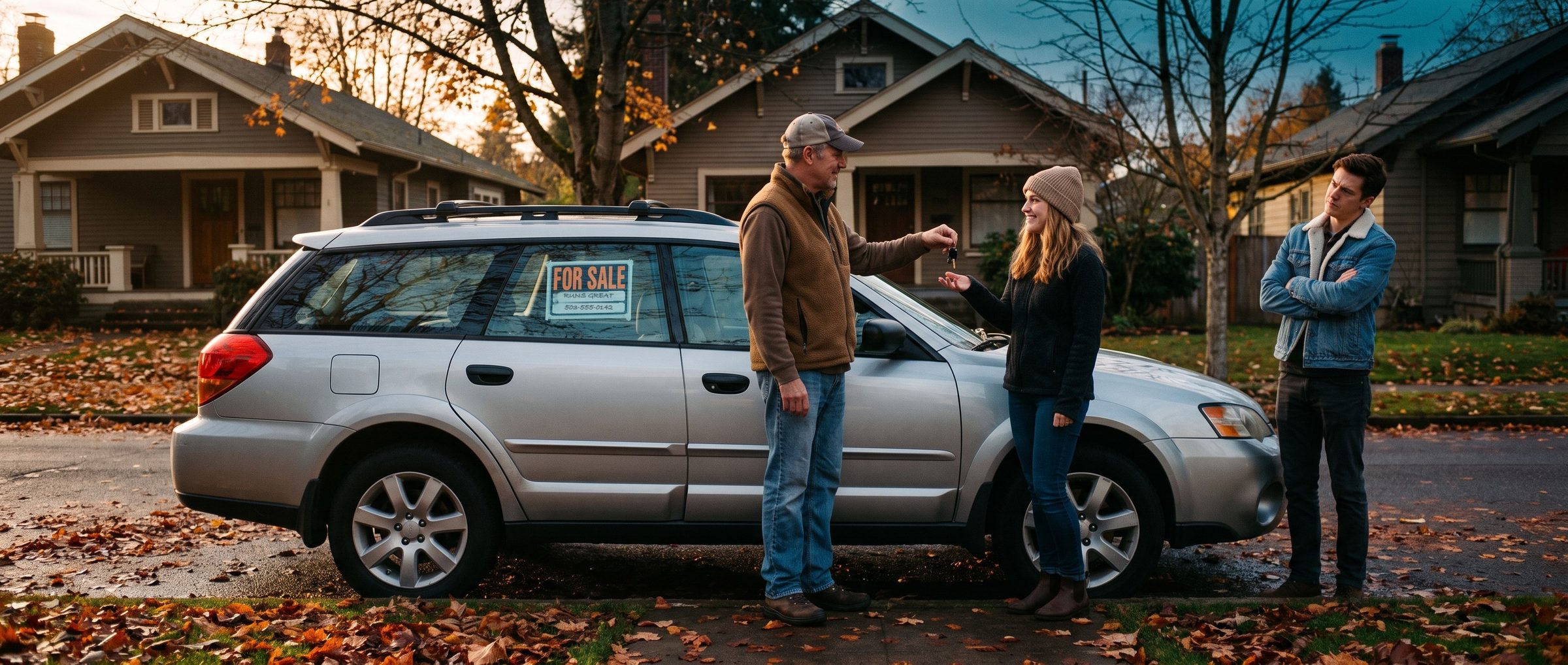 On a leafy residential street at sunset, a seller hands the keys of a used Subaru wagon with a for-sale sign to a smiling young woman while her partner stands back with arms folded, unconvinced