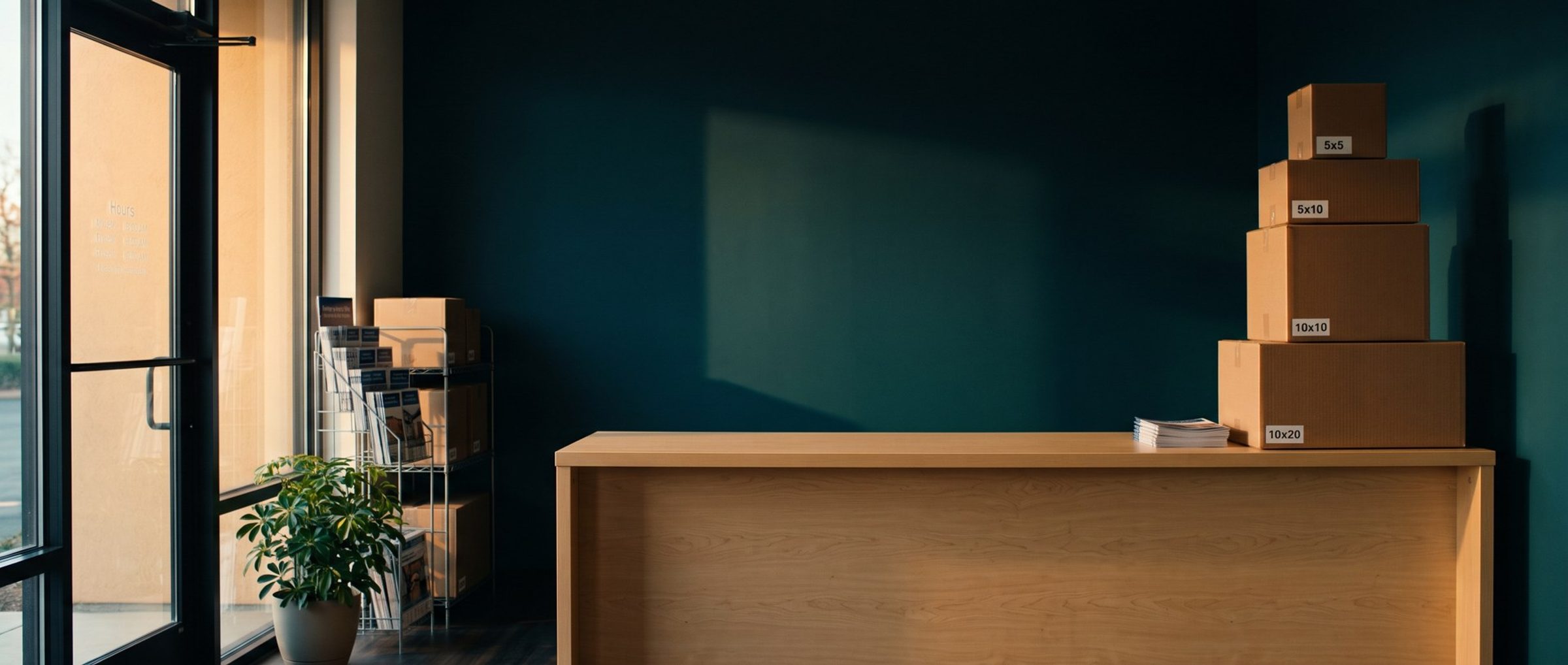 A storage rental office in warm morning light, a brochure rack by the front door, and on the counter a stacked tower of cardboard boxes labeled 10x20, 10x10, 5x10 and 5x5 from bottom to top