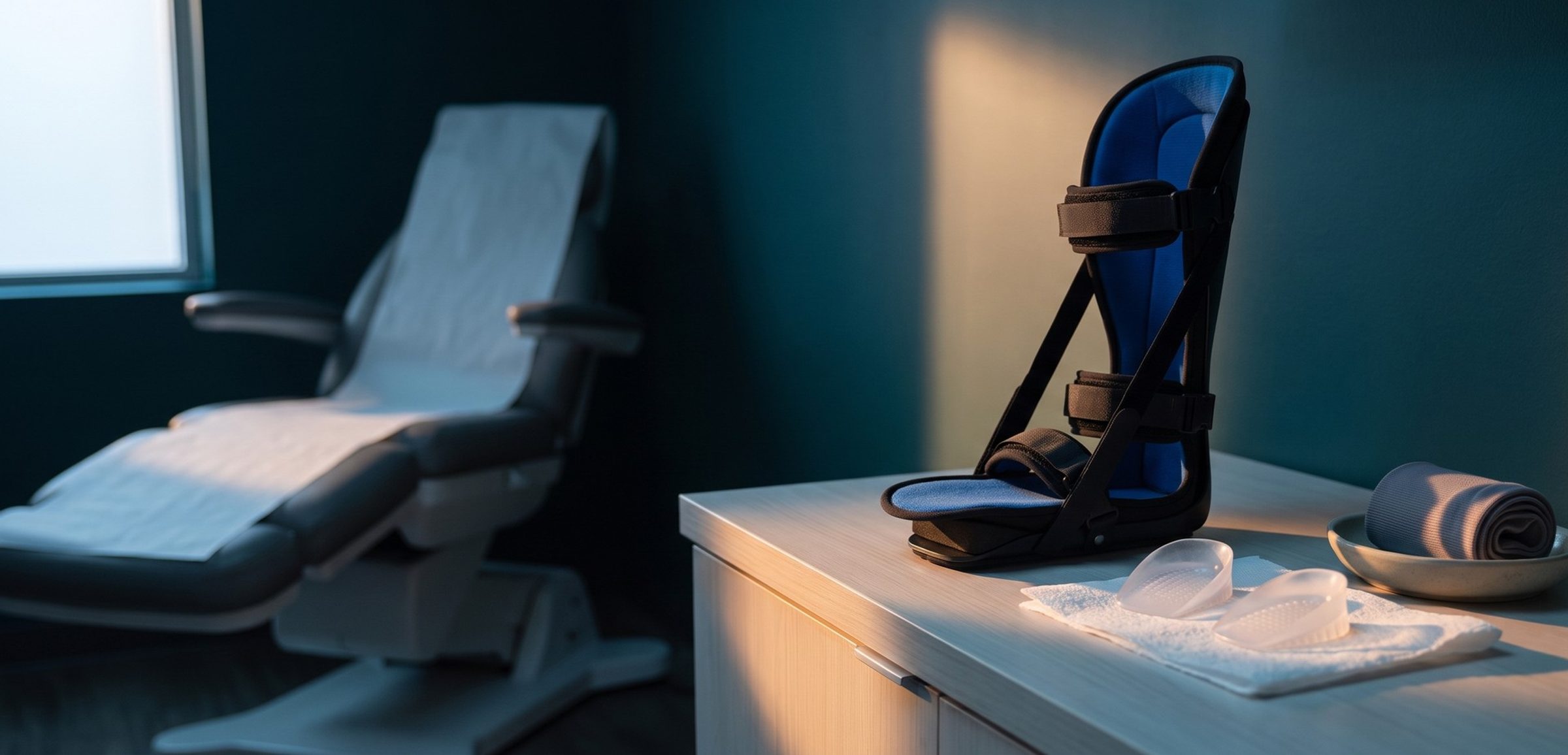 A plantar fasciitis night splint and clear silicone heel cups set out on a podiatry exam room counter at dawn, the exam chair behind