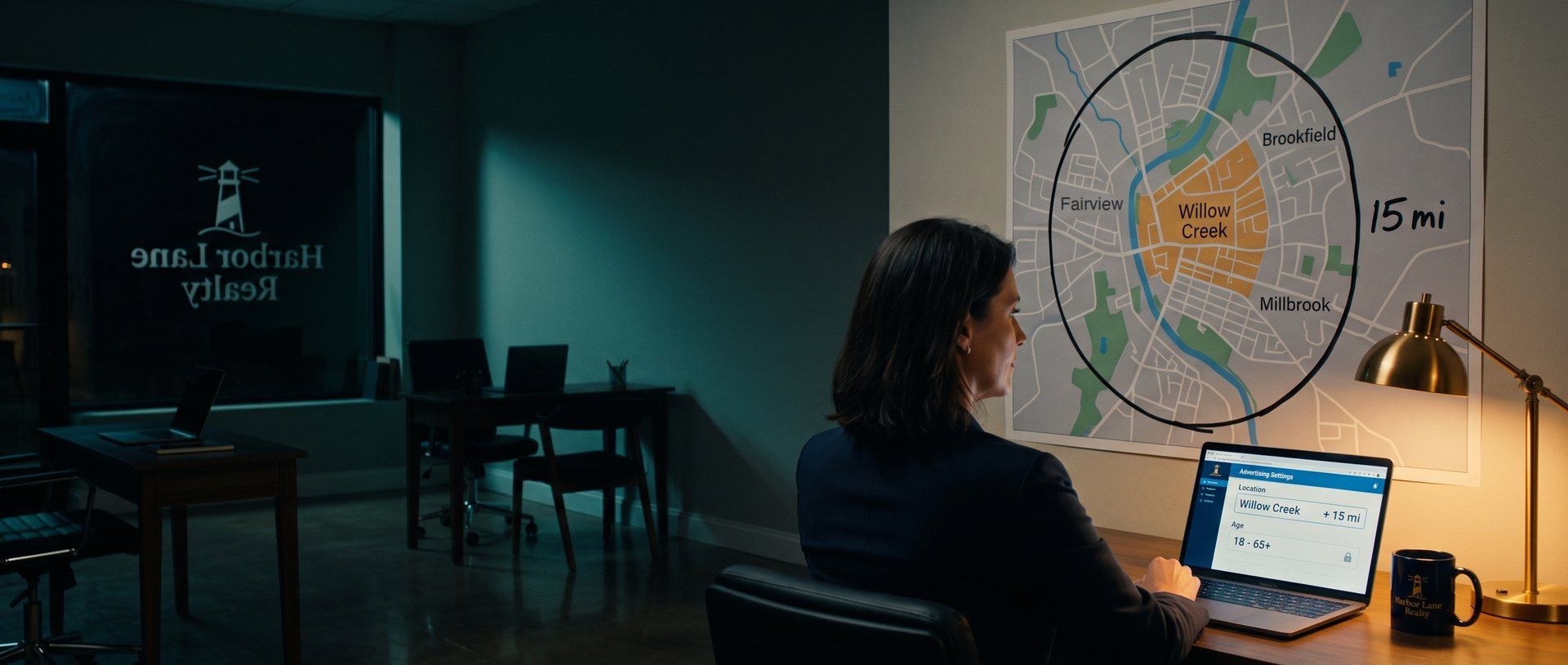 A real estate agent at her desk at night looking at a town map where her small amber-shaded neighborhood sits inside a large hand-drawn 15-mile circle, her laptop showing an ad audience panel with the age range locked