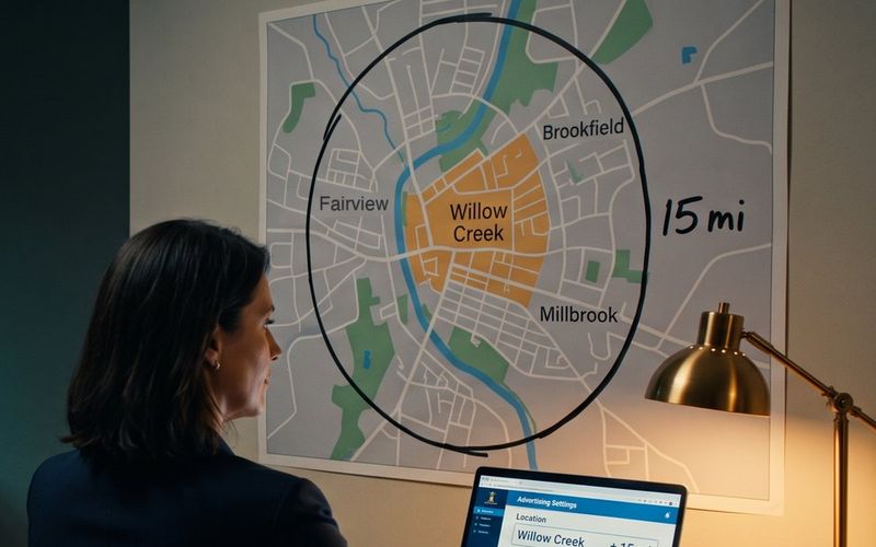 A real estate agent at her desk at night looking at a town map where her small amber-shaded neighborhood sits inside a large hand-drawn 15-mile circle, her laptop showing an ad audience panel with the age range locked
