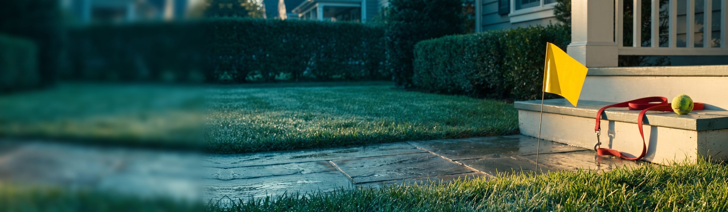 A blank yellow lawn-treatment flag at the edge of a dewy, freshly treated front lawn beside a wet stone walk, with a red dog leash and a tennis ball on the porch step behind it in low morning sun
