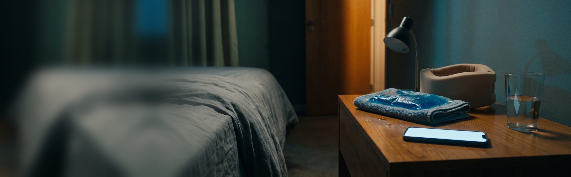 A nightstand in a dark bedroom at night with a phone glowing face up beside a foam neck collar, a blue ice pack on a damp towel and a glass of water