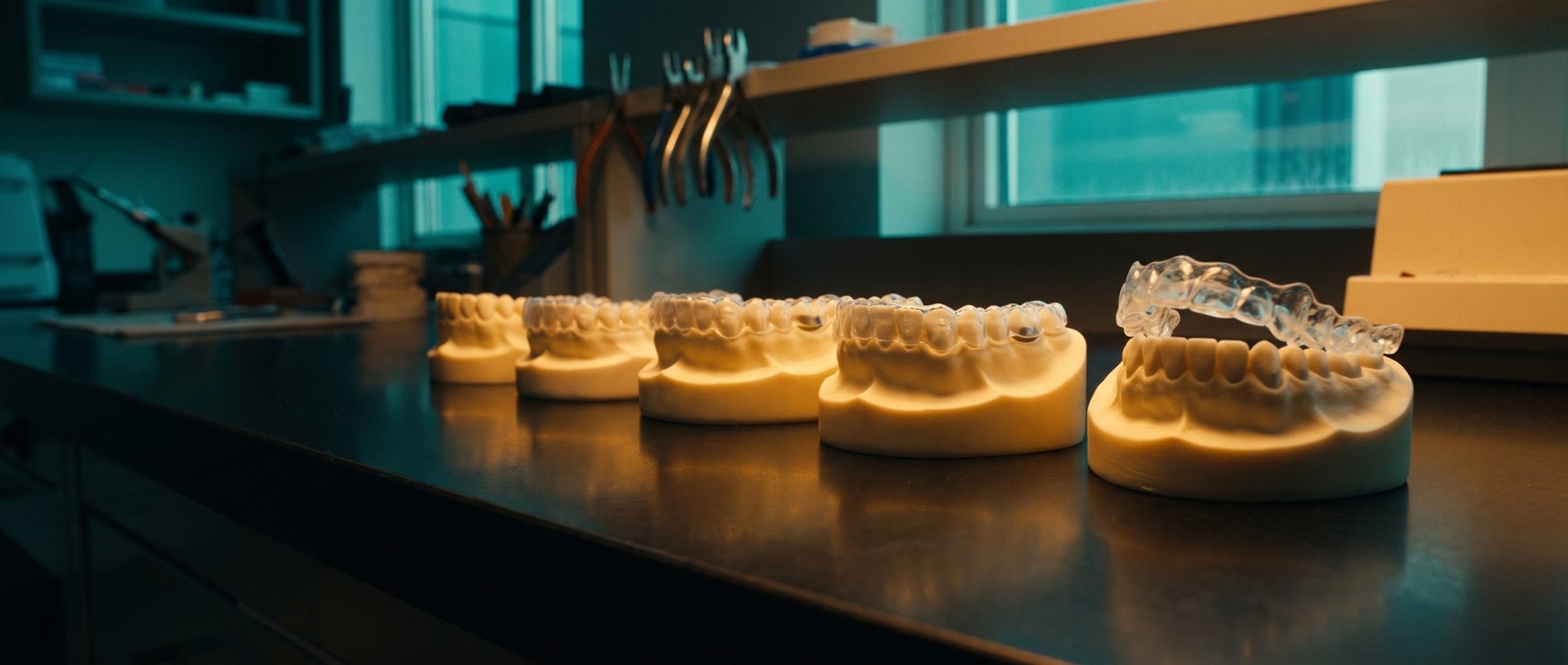 A row of dental stone models on an orthodontic lab bench, four of them wearing clear aligner trays that fit snugly, and the last tray sitting tilted and lifted off a model it was not made for