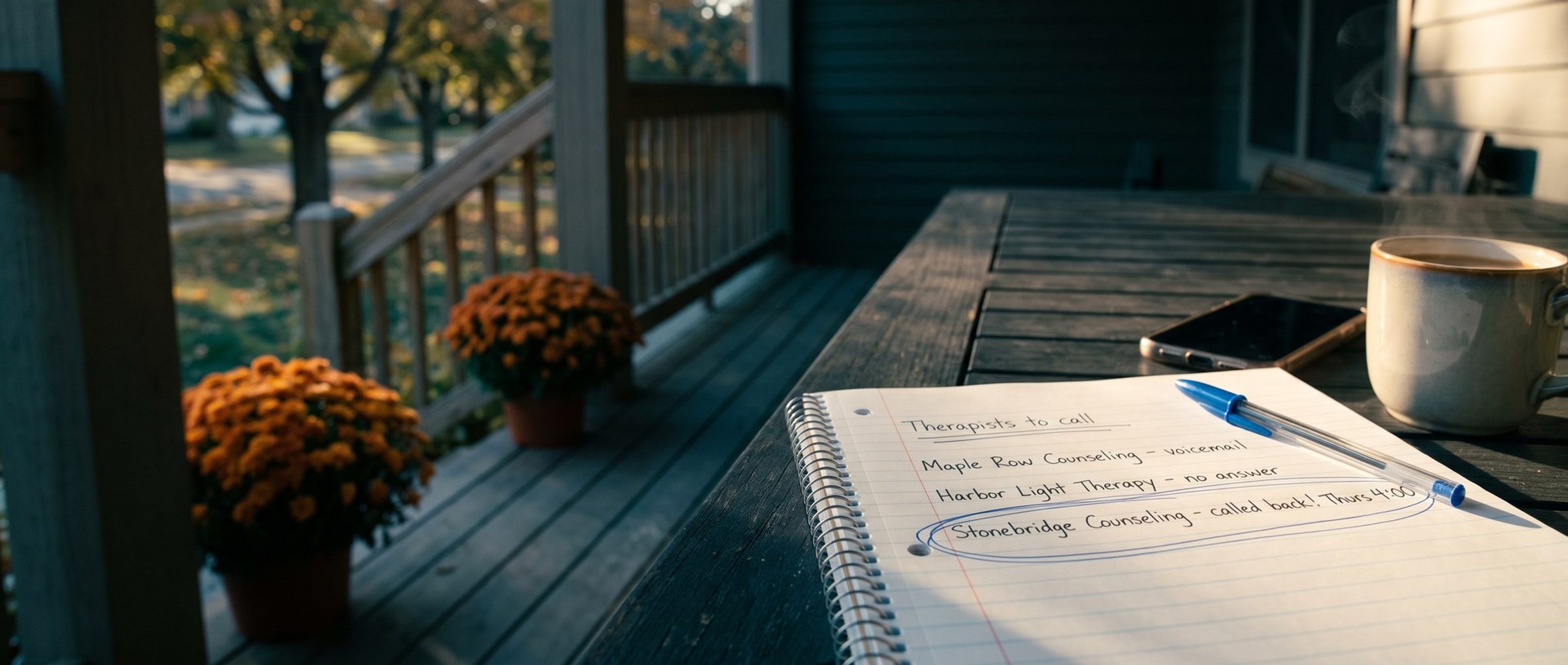 On a porch table in morning light, an open notebook headed Therapists to call lists Maple Row Counseling, voicemail; Harbor Light Therapy, no answer; and Stonebridge Counseling, called back, Thursday 4:00, circled in blue pen