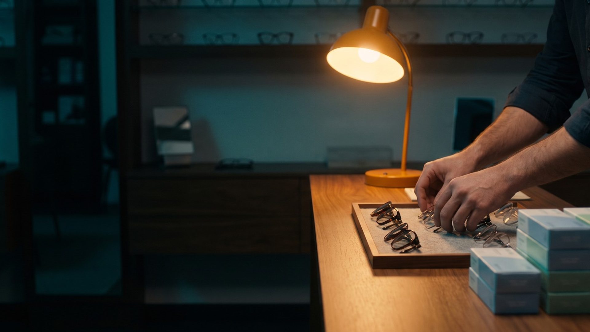 After hours in a dark optical shop, an optician's hands set eyeglass frames on a display tray under a single amber desk lamp beside stacks of fresh contact lens boxes
